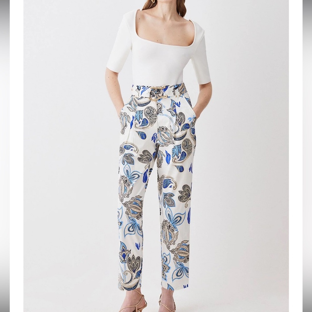 NWT Karen Millen Batik Print Cotton Sateen Belted Pants W/ Belt Size US 8